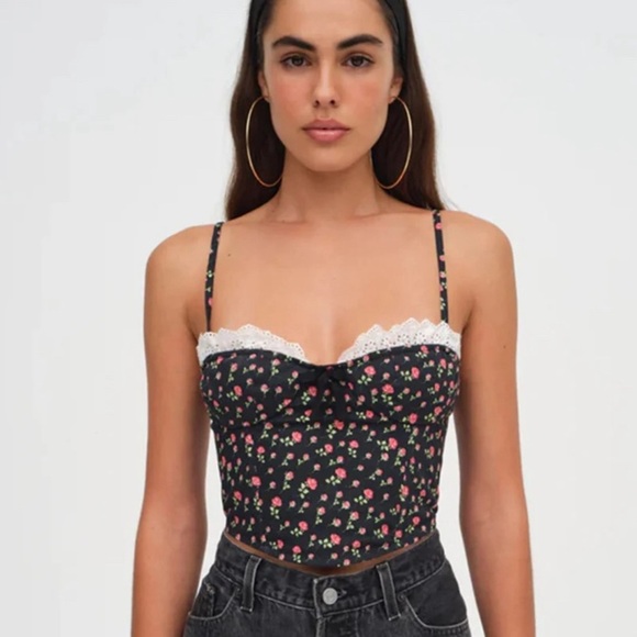 For Love and Lemons Camille Top Black Floral Crop Corset Flowers Roses Frills - Picture 3 of 14